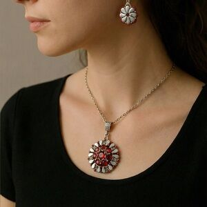 Elegant Red and silver Floral Pendant Necklace and Earring Set